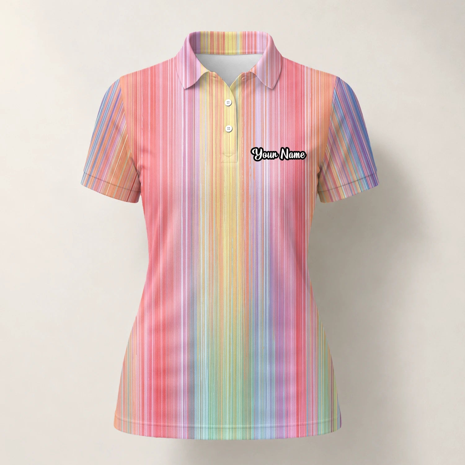 Personalisiertes Golf Poloshirt Pastell Regenbogen Streifen Design für Damen C5307