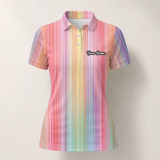 Personalisiertes Golf Poloshirt Pastell Regenbogen Streifen Design für Damen C5307