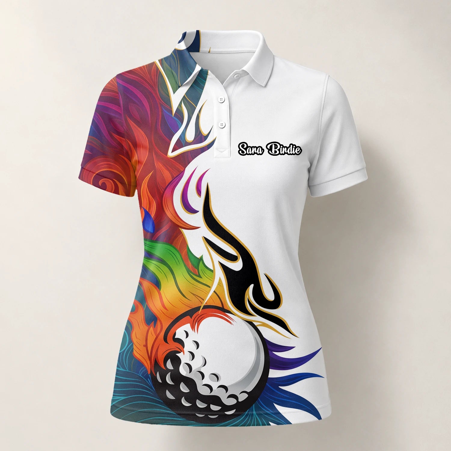 Personalisiertes Golf Poloshirt Weißes Regenbogen Flammen Golfball Design für Damen P6012