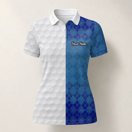 Personalisiertes Golf Poloshirt in Weiß-Blau mit Rautenmuster und Golfball-Textur für Damen M9214