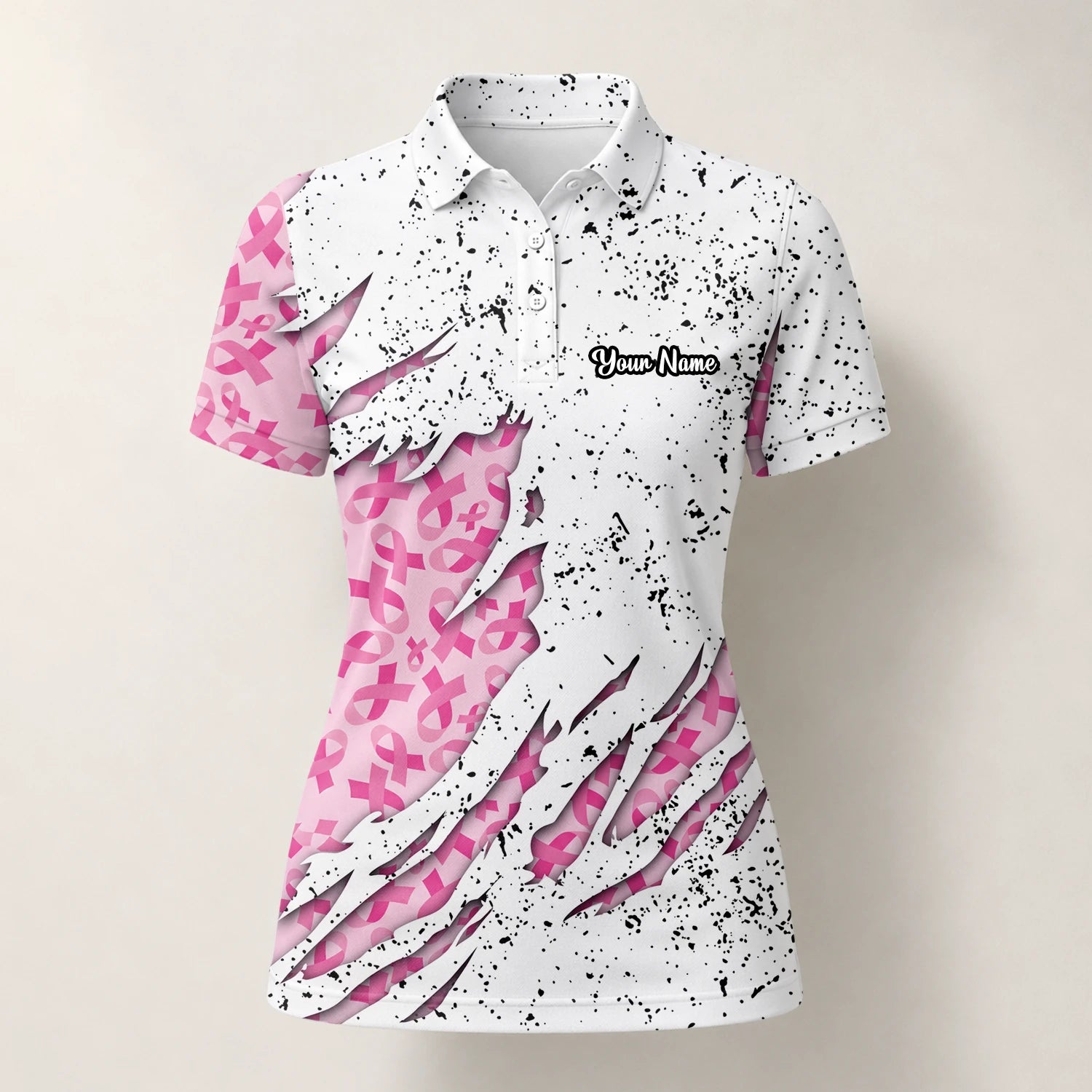 Personalisiertes Golf Poloshirt Weiß Rosa Brustkrebs Schleifen Zerrissenes Design für Damen B7190