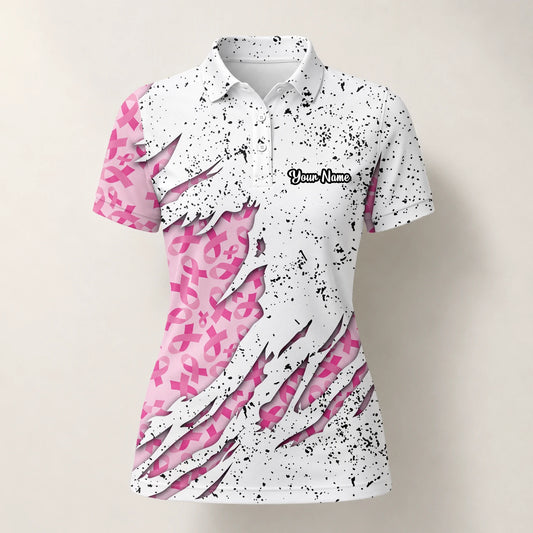 Personalisiertes Golf Poloshirt Weiß Rosa Brustkrebs Schleifen Zerrissenes Design für Damen B7190