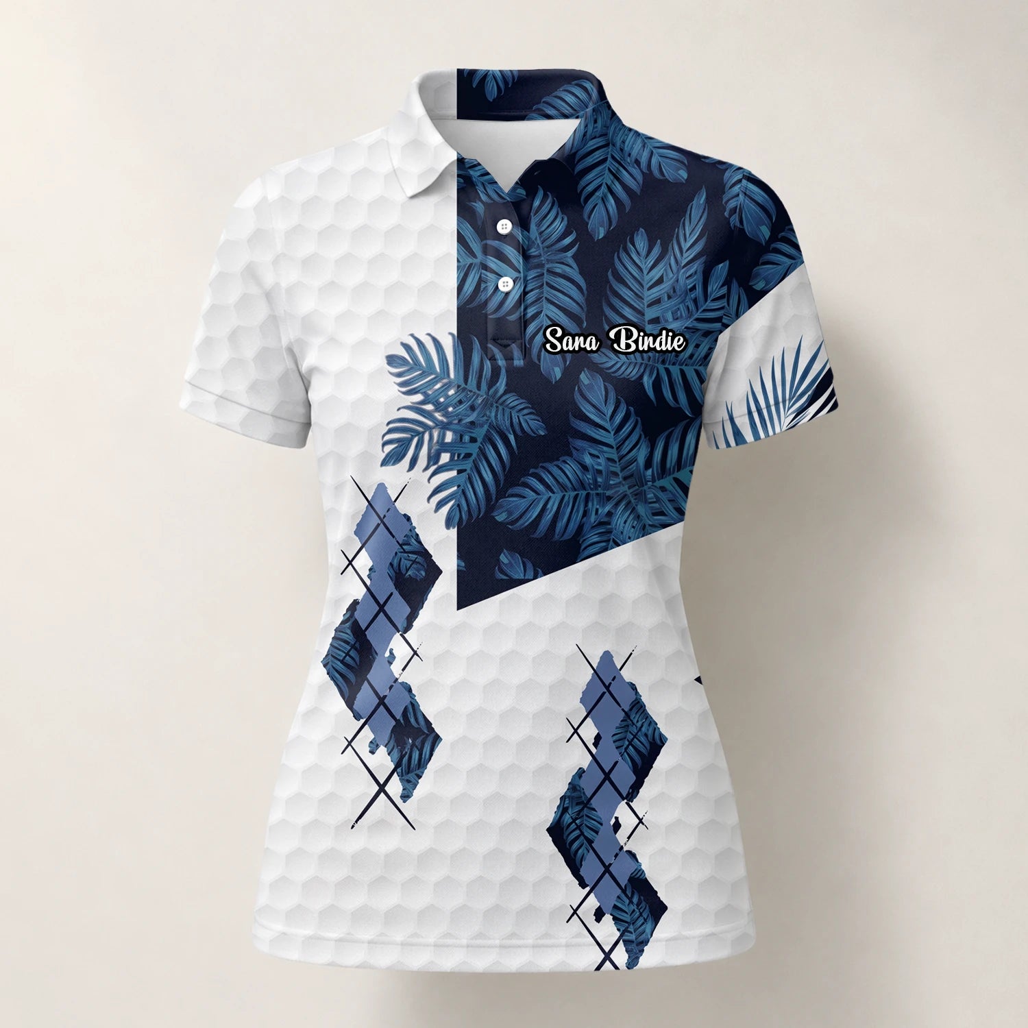 Personalisiertes Golf Poloshirt Weiß Marineblaues Tropisches Blätter Rauten Design für Damen D6549