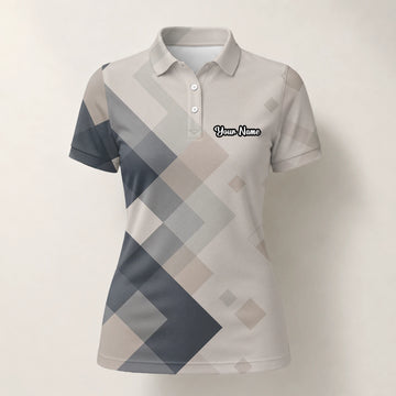 Personalisiertes Golf Poloshirt Beige Graues Rauten Muster für Damen Z6499
