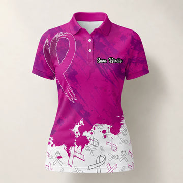 Personalisiertes Golf Poloshirt Magenta Brustkrebs Awareness Schleifen Farbklecks Design für Damen Q5636