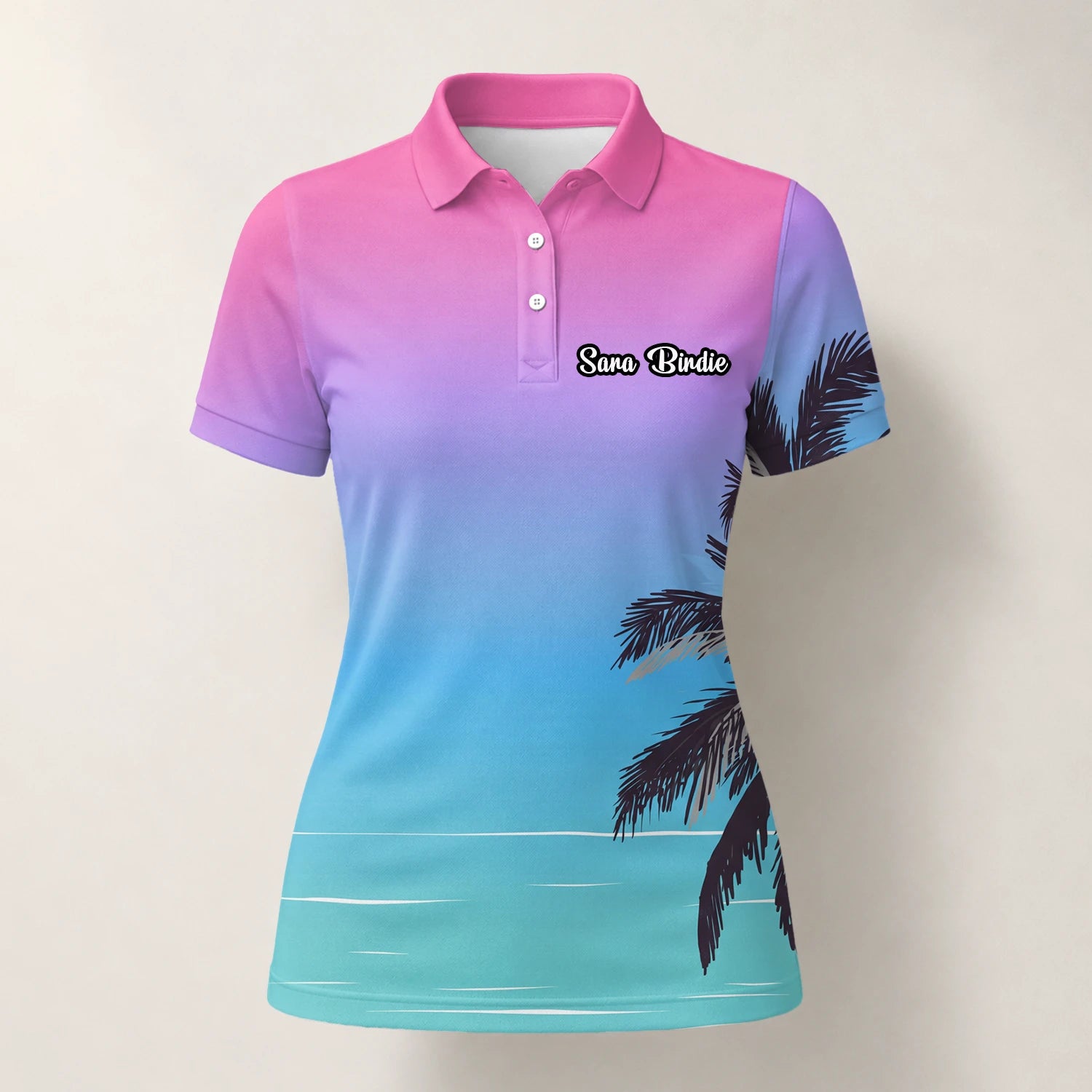Personalisiertes Golf Poloshirt Rosa Blaues Palmen Strand Sonnenuntergang Design für Damen Q3519