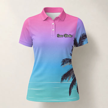 Personalisiertes Golf Poloshirt Rosa Blaues Palmen Strand Sonnenuntergang Design für Damen Q3519