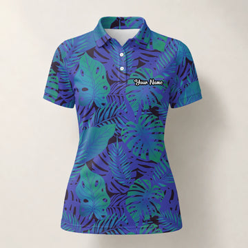 Personalisiertes Golf Poloshirt Blau Lila Tropisches Monstera Blätter Design für Damen G3142