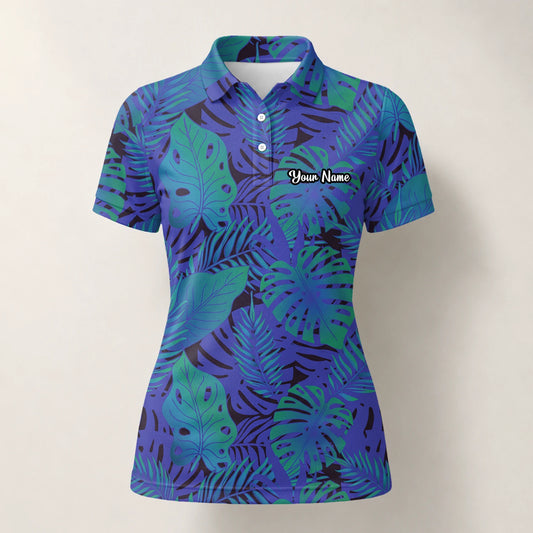 Personalisiertes Golf Poloshirt Blau Lila Tropisches Monstera Blätter Design für Damen G3142