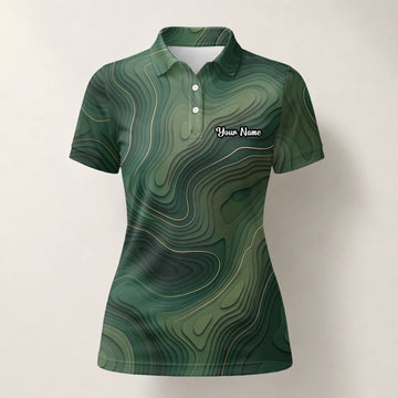 Personalisiertes Golf Poloshirt Grünes Topografisches Konturlinien Design für Damen H2497