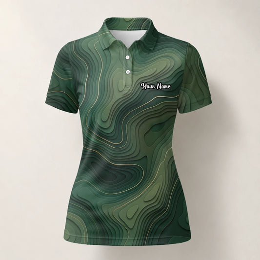Personalisiertes Golf Poloshirt Grünes Topografisches Konturlinien Design für Damen H2497