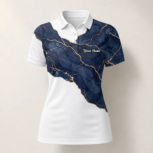 Personalisiertes Golf Poloshirt Weiß Marineblaues Marmor Goldadern Design für Damen B4939