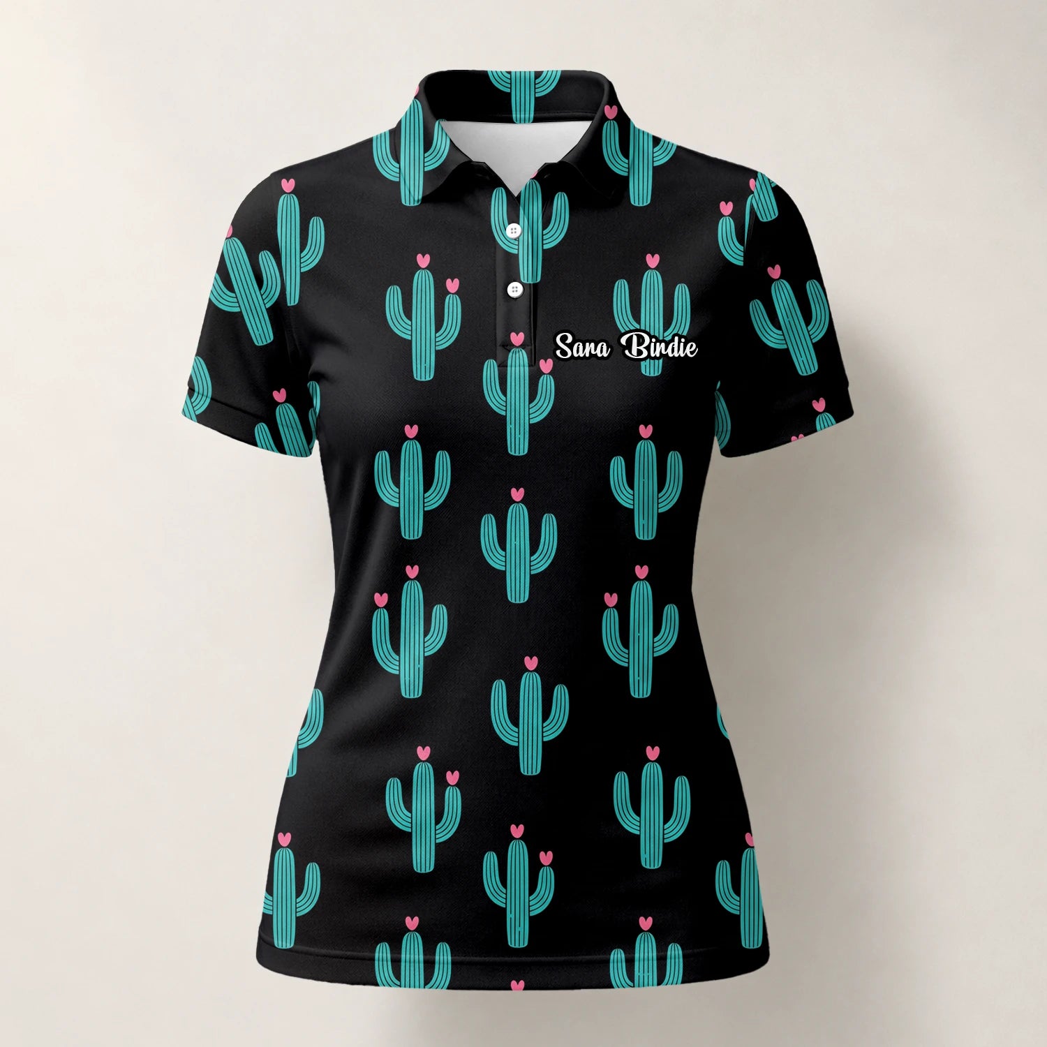 Personalisiertes Golf Poloshirt Schwarz Türkis Kaktus Herz Design für Damen L0709