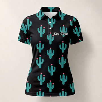 Personalisiertes Golf Poloshirt Schwarz Türkis Kaktus Herz Design für Damen L0709