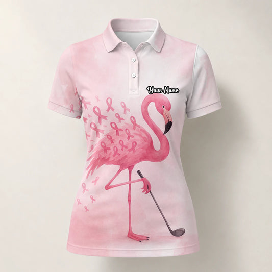 Personalisiertes Golf Poloshirt Rosa Flamingo Golfer Brustkrebs Schleifen Design für Damen R9354