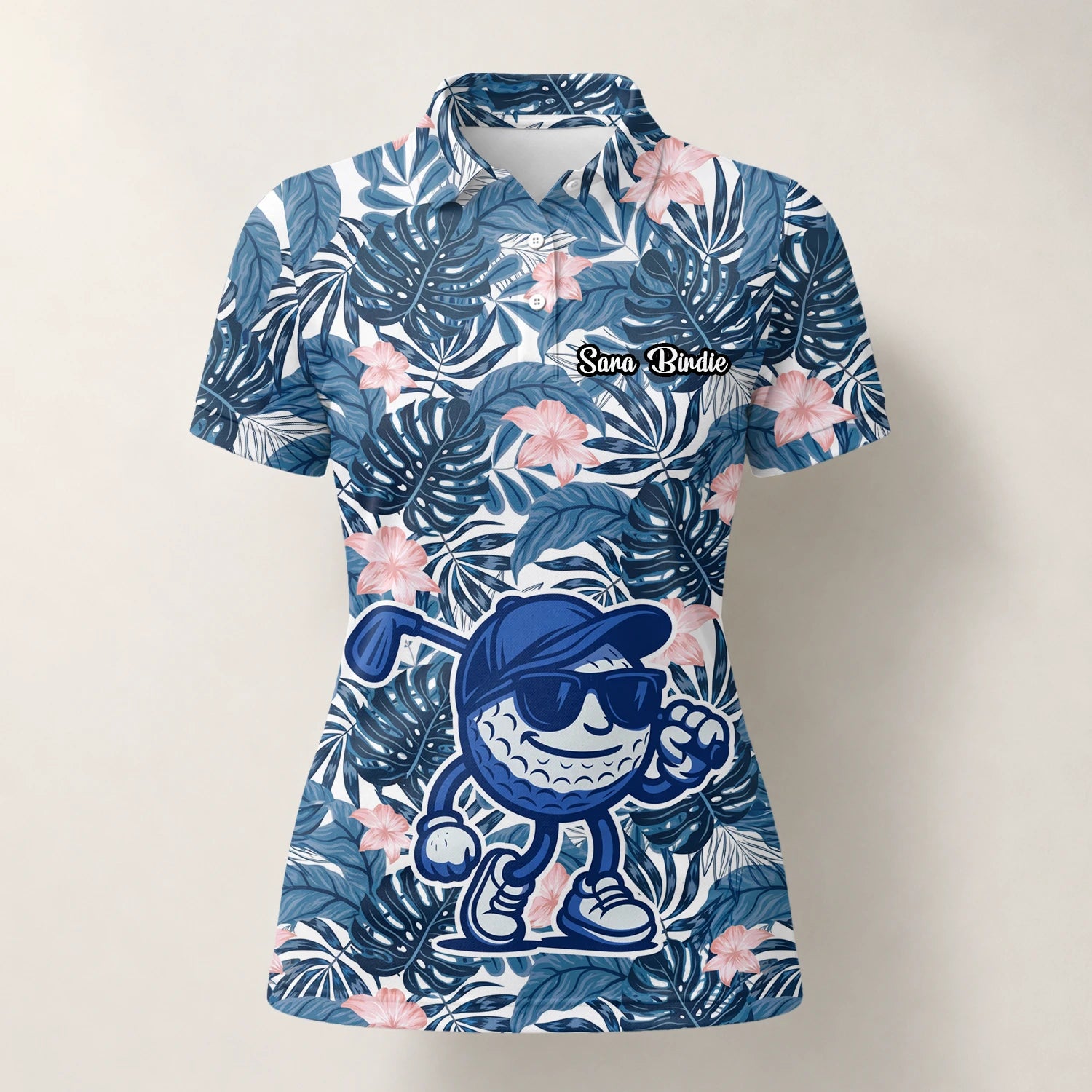 Personalisiertes Golf Poloshirt Marineblaues Tropisches Blätter Golfball Cartoon Design für Damen I7191