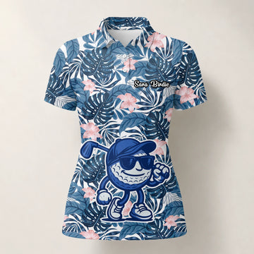 Personalisiertes Golf Poloshirt Marineblaues Tropisches Blätter Golfball Cartoon Design für Damen I7191