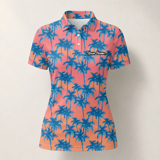Personalisiertes Golf Poloshirt Korallenrosa Blaues Palmen Design für Damen A5845