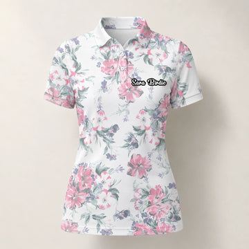 Personalisiertes Golf Poloshirt Weiß Rosa Blumen Blätter Design für Damen H5152