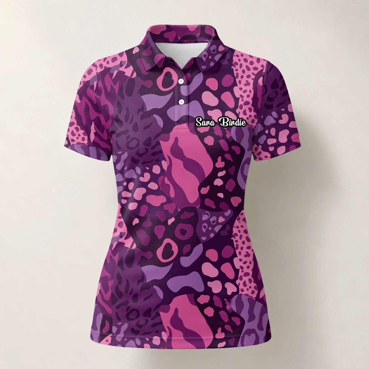 Personalisiertes Golf Poloshirt Lila Rosa Leo Camo Design für Damen I6540