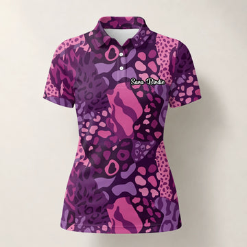 Personalisiertes Golf Poloshirt Lila Rosa Leo Camo Design für Damen I6540