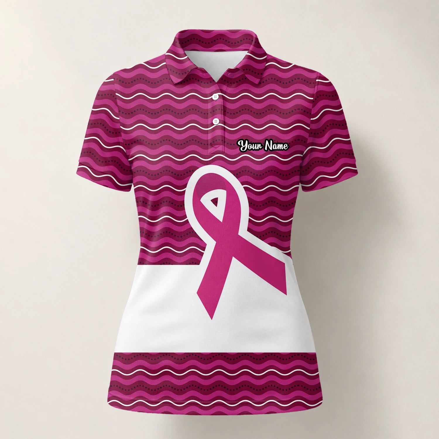 Personalisiertes Golf Poloshirt Rosa Brustkrebs Awareness Schleifen Wellen Design für Damen B1640