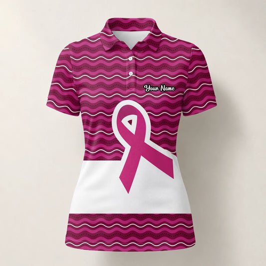 Personalisiertes Golf Poloshirt Rosa Brustkrebs Awareness Schleifen Wellen Design für Damen B1640