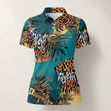 Personalisiertes Golf Poloshirt Türkis Orange Tropisches Palmen Animal Print Design für Damen A7122