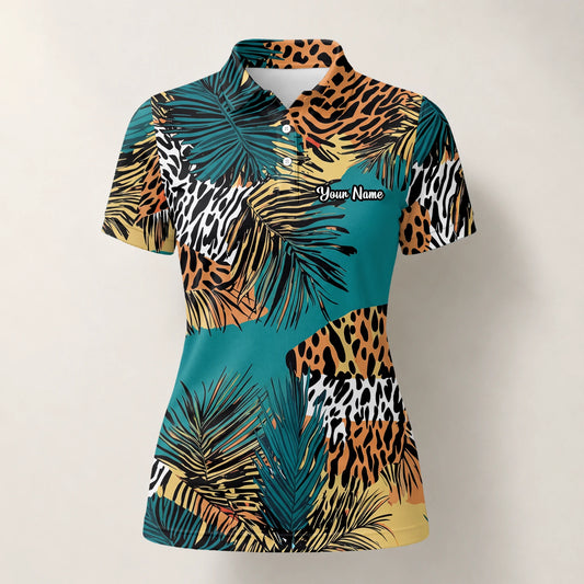 Personalisiertes Golf Poloshirt Türkis Orange Tropisches Palmen Animal Print Design für Damen A7122