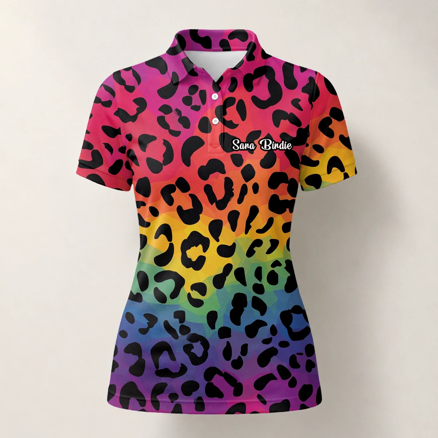 Personalisiertes Golf Poloshirt Regenbogen Leo Print Design für Damen X1632