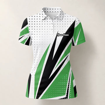 Personalisiertes Golf Poloshirt Weiß Grün Schwarzes Abstraktes Streifen Design für Damen C9494