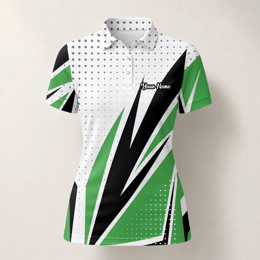 Personalisiertes Golf Poloshirt Weiß Grün Schwarzes Abstraktes Streifen Design für Damen C9494