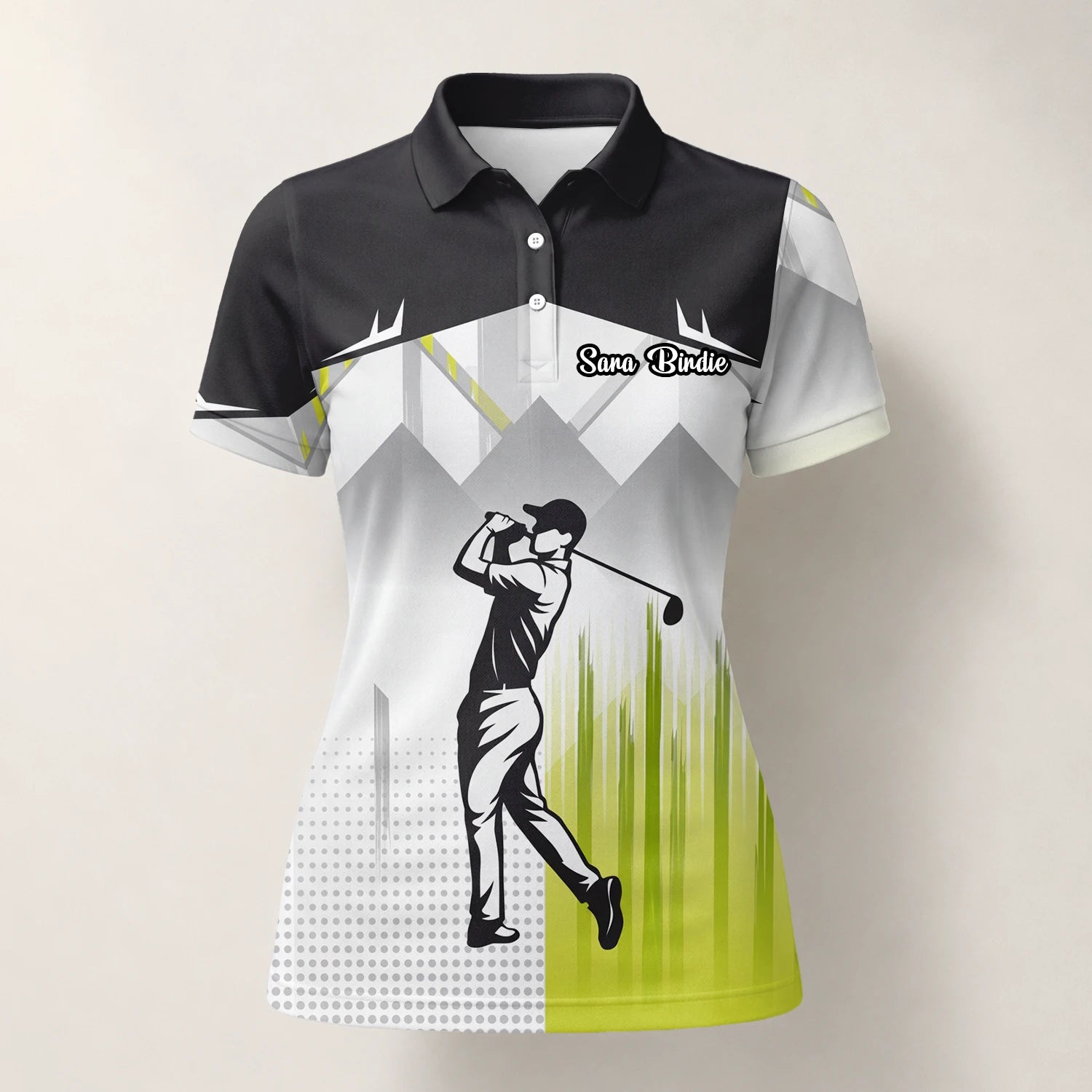 Personalisiertes Golf Poloshirt Schwarz Grau Limettengrünes Golfer Silhouetten Design für Damen F4552