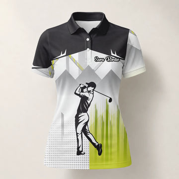 Personalisiertes Golf Poloshirt Schwarz Grau Limettengrünes Golfer Silhouetten Design für Damen F4552