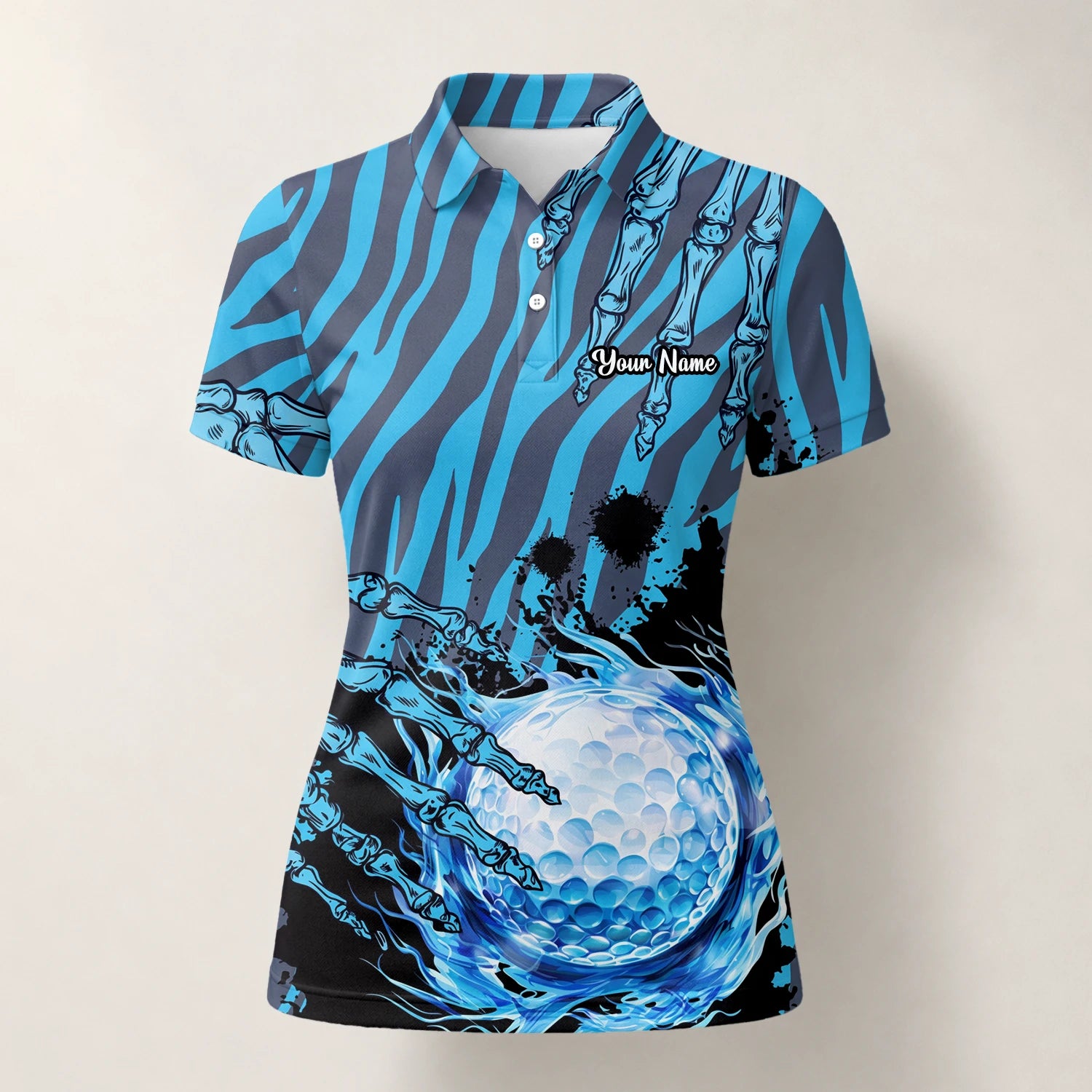 Personalisiertes Golf Poloshirt Blau Schwarzes Golfball Wasser Splash Design für Damen B9791