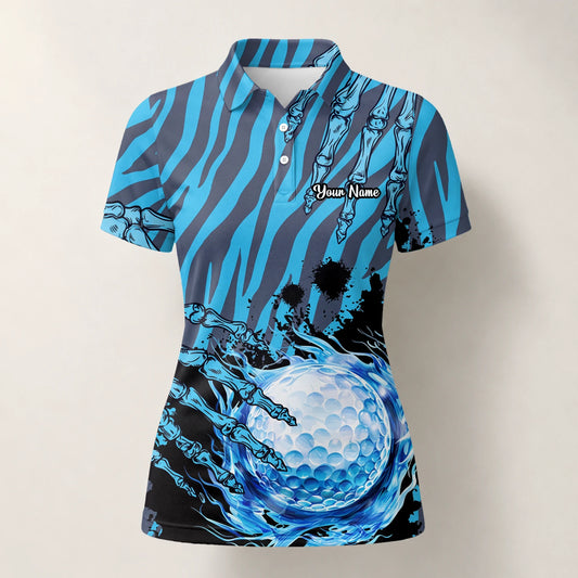Personalisiertes Golf Poloshirt Blau Schwarzes Golfball Wasser Splash Design für Damen B9791