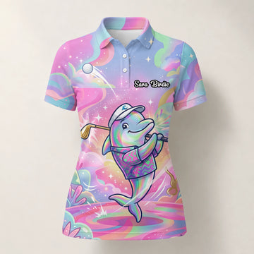Personalisiertes Golf Poloshirt Pastell Regenbogen Delfin Golfer Cartoon Design für Damen L3862