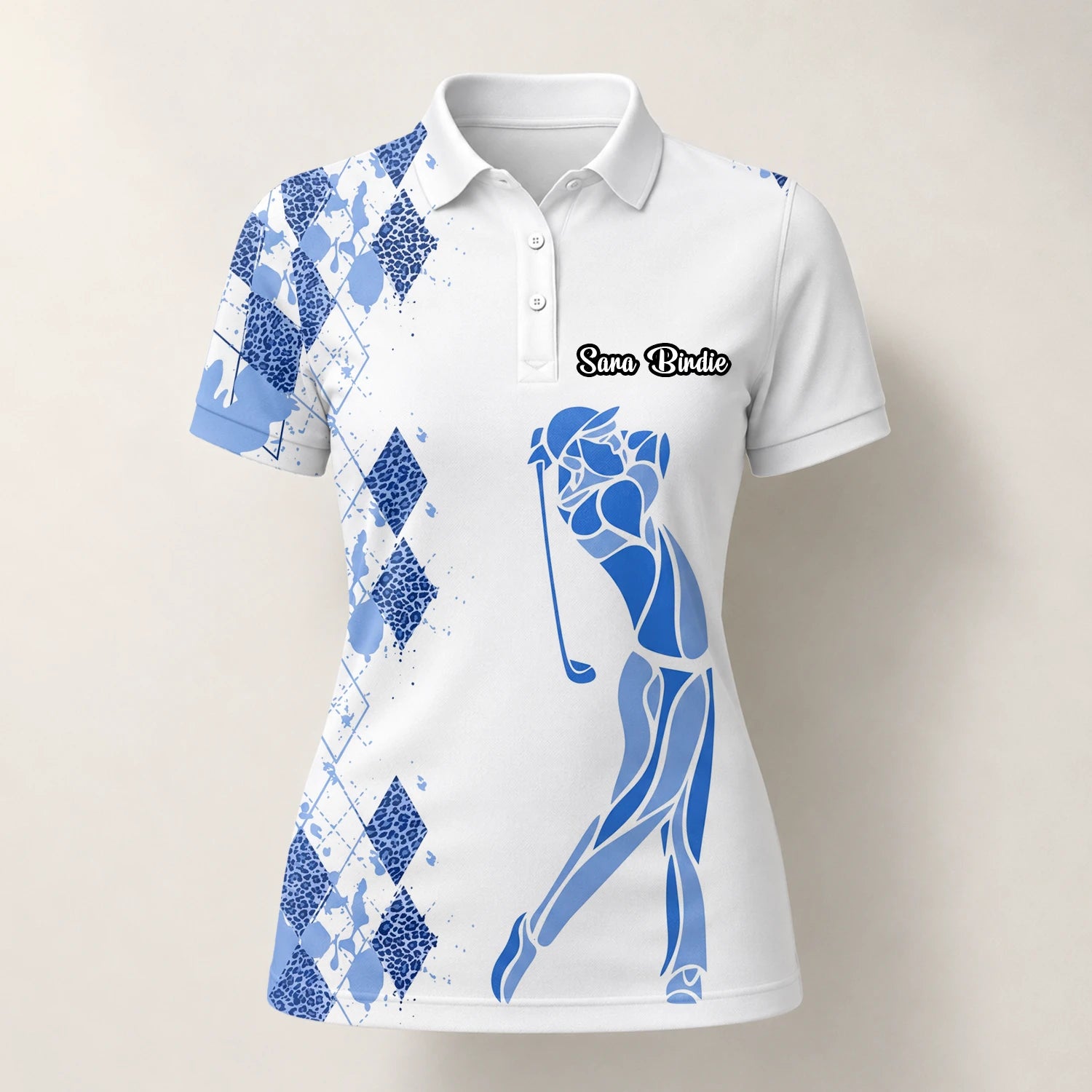 Personalisiertes Golf Poloshirt Weiß Blaues Rauten Golfer Silhouetten Design für Damen V2037