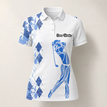 Personalisiertes Golf Poloshirt Weiß Blaues Rauten Golfer Silhouetten Design für Damen V2037