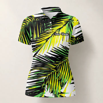 Personalisiertes Golf Poloshirt Schwarz Limettengrünes Tropisches Palmenblätter Design für Damen R3070