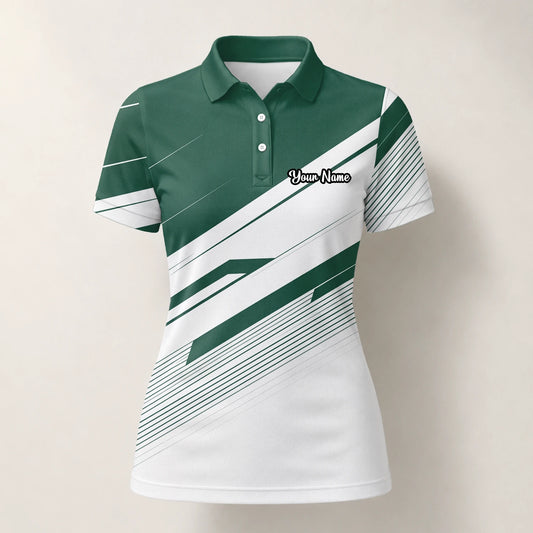 Personalisiertes Golf Poloshirt Grün Weißes Abstraktes Streifen Design für Damen E5041