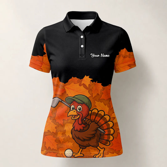 Personalisiertes Golf Poloshirt Schwarz Orange Thanksgiving Truthahn Golfer Design für Damen W0964