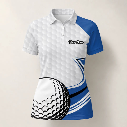 Personalisiertes Golf Poloshirt Weiß Blaues Golfball Waben Design für Damen S7973