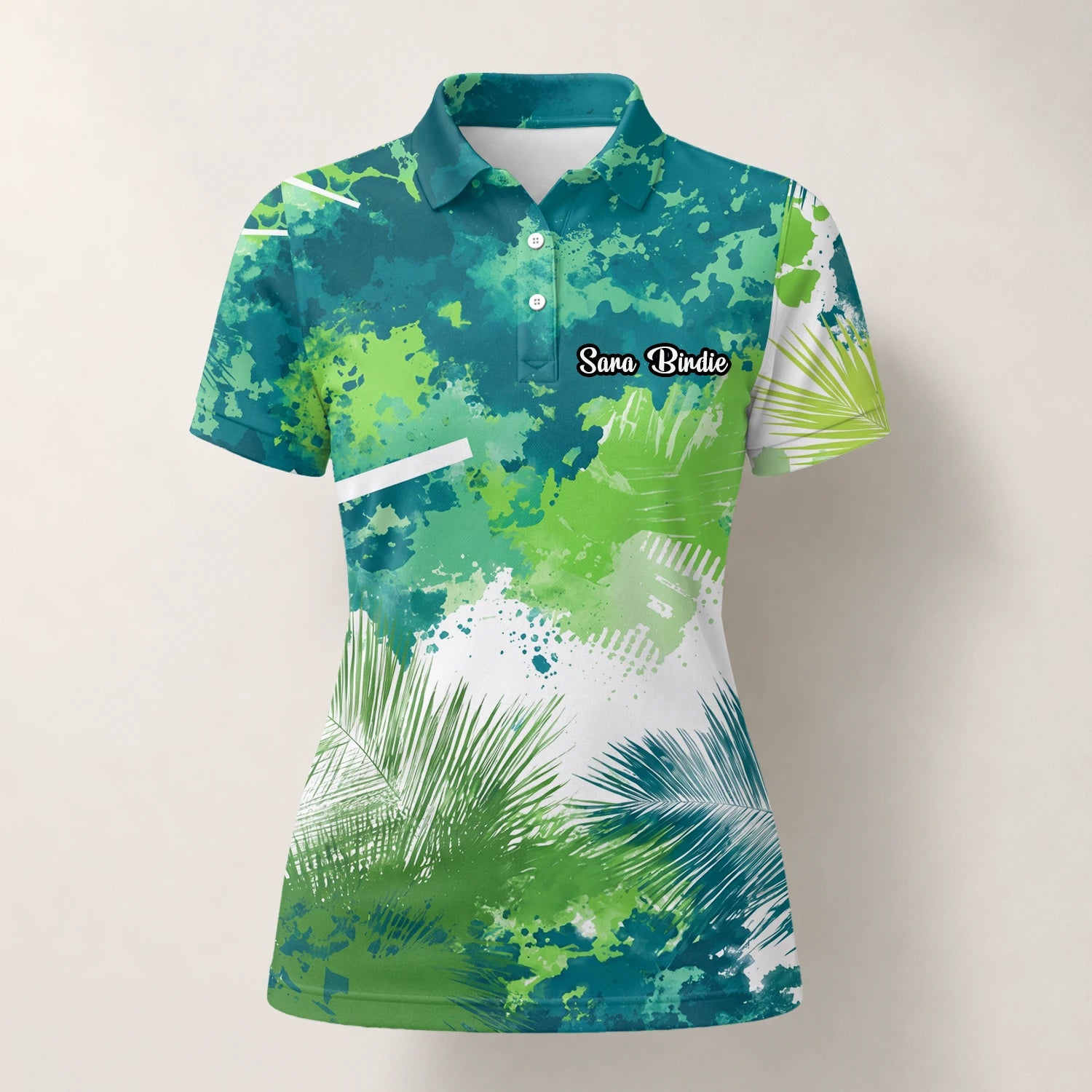 Personalisiertes Golf Poloshirt Grün Blaues Tropisches Blätter Farbklecks Design für Damen B7869