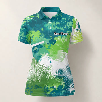 Personalisiertes Golf Poloshirt Grün Blaues Tropisches Blätter Farbklecks Design für Damen B7869