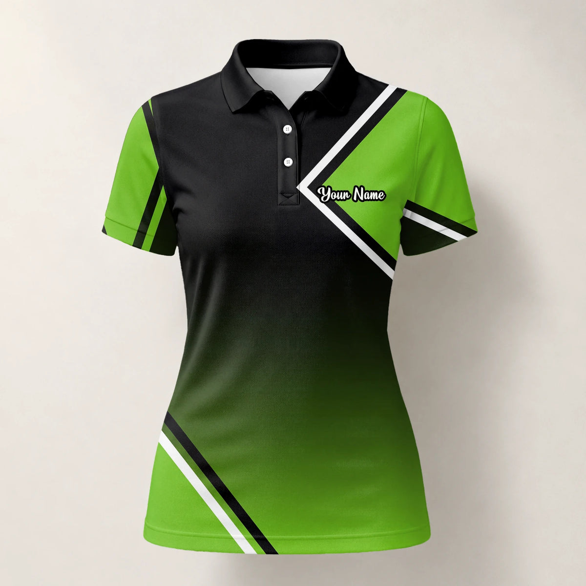 Personalisiertes Golf Poloshirt Schwarz Grünes Geometrisches Streifen Design für Damen V2638