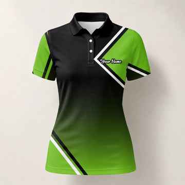 Personalisiertes Golf Poloshirt Schwarz Grünes Geometrisches Streifen Design für Damen V2638