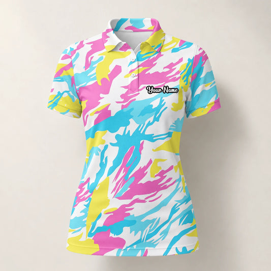 Personalisiertes Golf Poloshirt Pastell Regenbogen Camo Design für Damen F0280