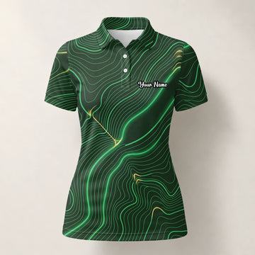 Personalisiertes Golf Poloshirt Grün Schwarzes Topografisches Linien Design für Damen E4992