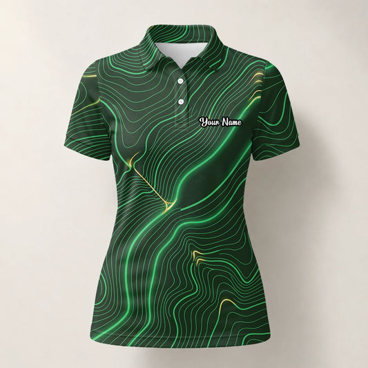 Personalisiertes Golf Poloshirt Grün Schwarzes Topografisches Linien Design für Damen E4992
